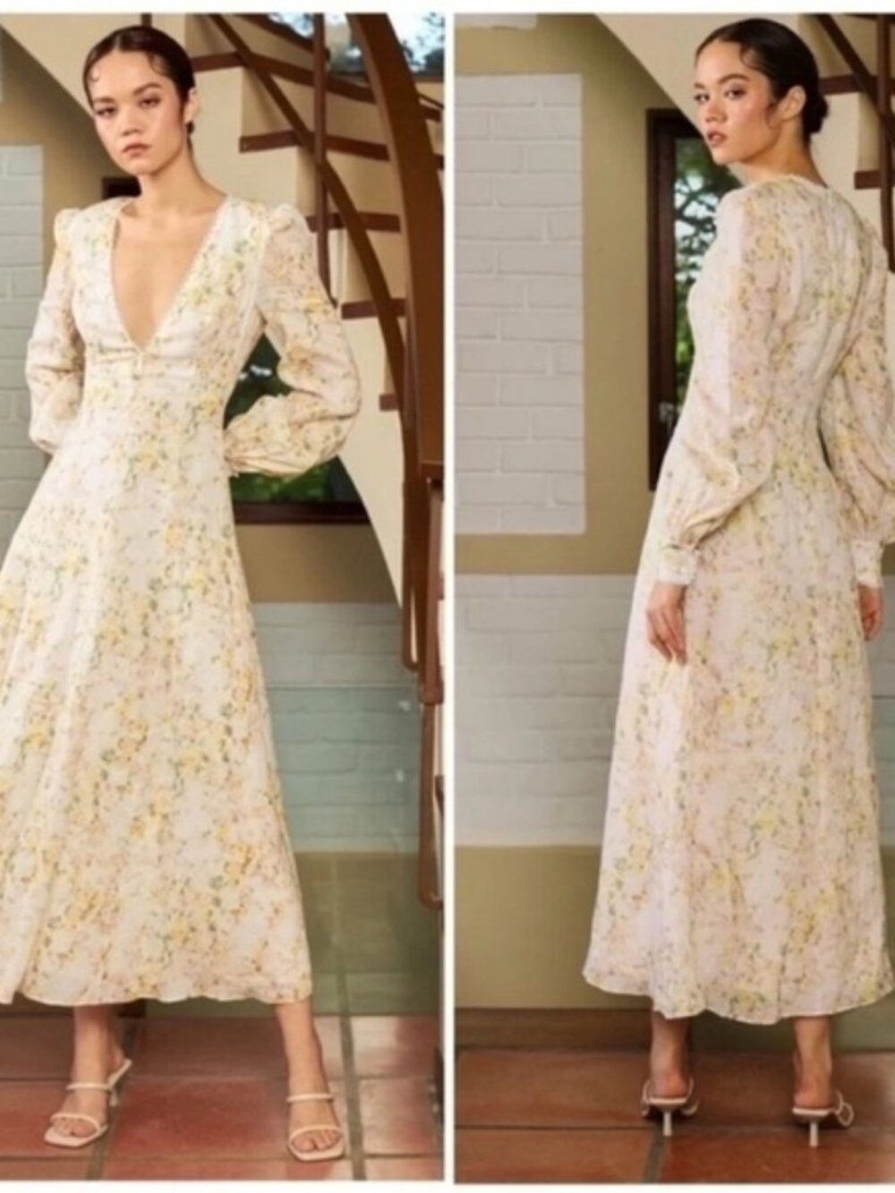 Sau Lee Phoebe Long Sleeve Floral Midi Dress